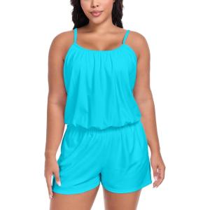 Ocean Blues Women’s Plus Size One Piece Bathing Suit Romper Style Loose Fit Swimsuit(Sky Blue)