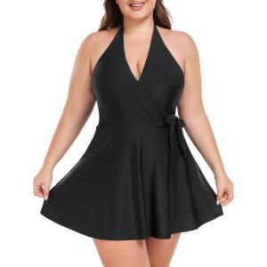 Ocean Blues Women’s Plus Size V-Neck One Piece Swimdress Halter Wrap Swimsuit Tummy Control One Piece Skirt Bathing Suit(Black)