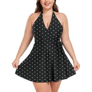 Ocean Blues Women’s Plus Size V-Neck One Piece Swimdress Halter Wrap Swimsuit Tummy Control One Piece Skirt Bathing Suit(Black Polka Dot)
