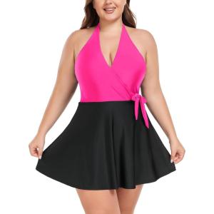 Ocean Blues Women’s Plus Size V-Neck One Piece Swimdress Halter Wrap Swimsuit Tummy Control One Piece Skirt Bathing Suit(Hot Pink+black)
