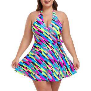 Ocean Blues Women’s Plus Size V-Neck One Piece Swimdress Halter Wrap Swimsuit Tummy Control One Piece Skirt Bathing Suit(Neon Striped)