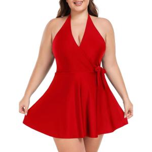 Ocean Blues Women’s Plus Size V-Neck One Piece Swimdress Halter Wrap Swimsuit Tummy Control One Piece Skirt Bathing Suit(Red)