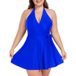 Ocean Blues Women’s Plus Size V-Neck One Piece Swimdress Halter Wrap Swimsuit Tummy Control One Piece Skirt Bathing Suit(Royal Blue)