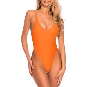 Ocean Blues Women’s Sexy Thong One Piece Swimsuit High Cut Adjustable One Piece Bathing Suits(Neon Orange)