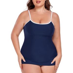 Ocean Blues Women’s Plus Size Color-Blocked U Neck Tankini Top Tummy Control Bathing Suit(Navy Blue)