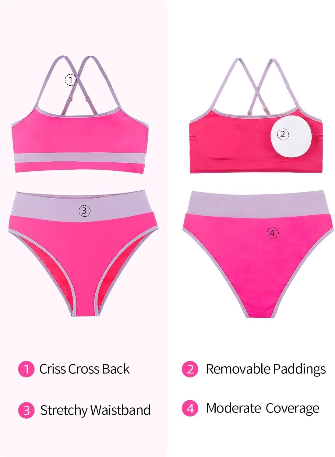 image:imageOcean Blues Womens High Waisted Bikini Set Color Block Two Piece Bathing SuitsHot Pink