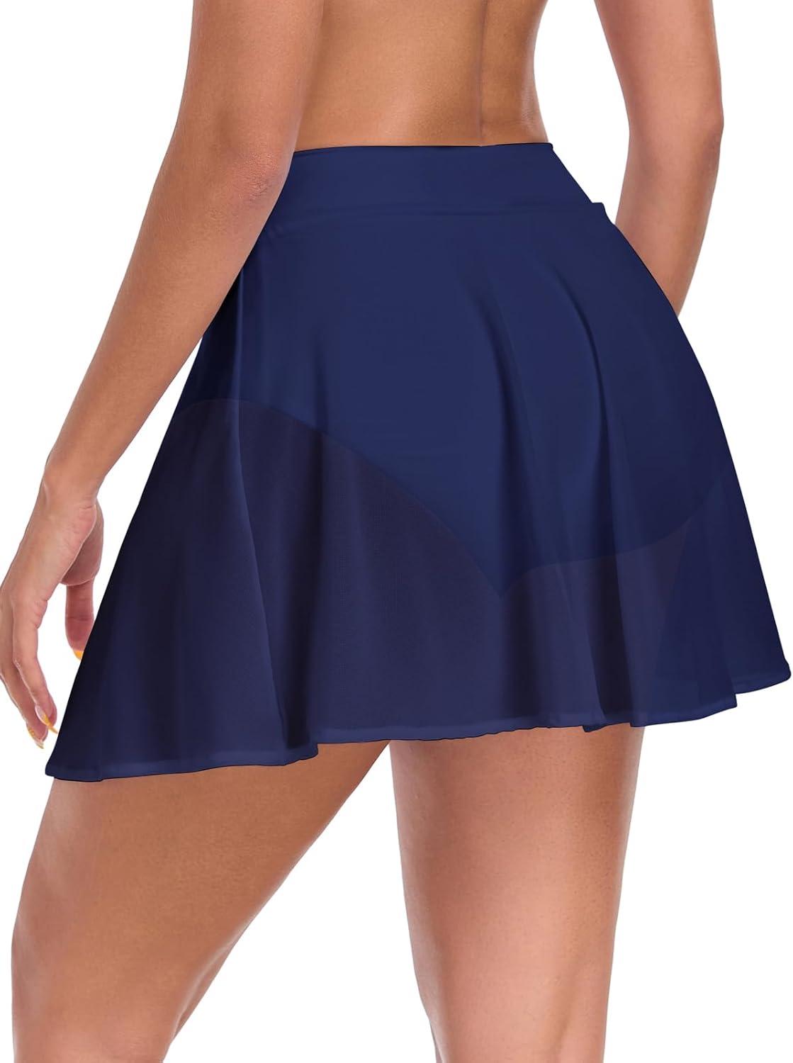 image:imageOcean Blues Womens High Waisted Mesh Swim Skirt Ruched Side Adjustable Skirted Builtin BriefsNavy Blue