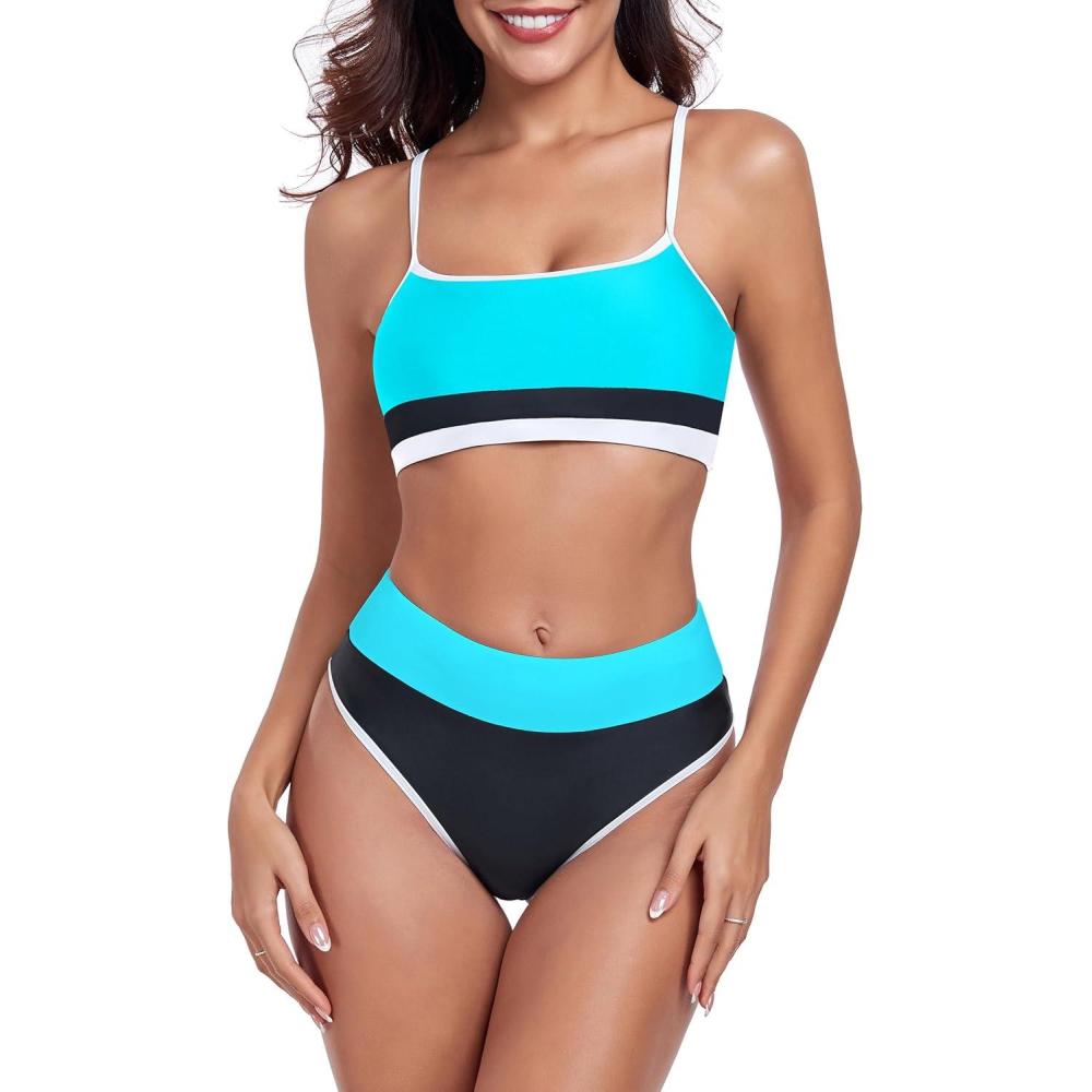 image:imageOcean Blues Womens High Waisted Bikini Set Color Block Two Piece Bathing SuitsBlue