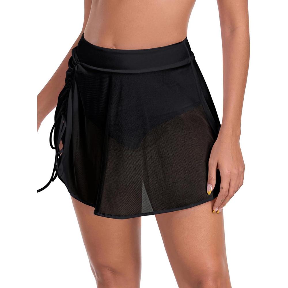 image:imageOcean Blues Womens High Waisted Mesh Swim Skirt Ruched Side Adjustable Skirted Builtin BriefsBlack