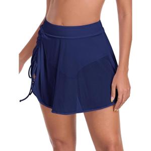Ocean Blues Women’s High Waisted Mesh Swim Skirt Ruched Side Adjustable Skirted Built-in Briefs(Navy Blue)