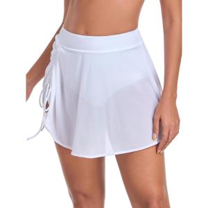 Ocean Blues Women’s High Waisted Mesh Swim Skirt Ruched Side Adjustable Skirted Built-in Briefs(White)