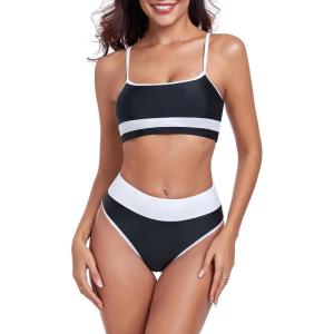 Ocean Blues Women’s High Waisted Bikini Set Color Block Two Piece Bathing Suits(Black)