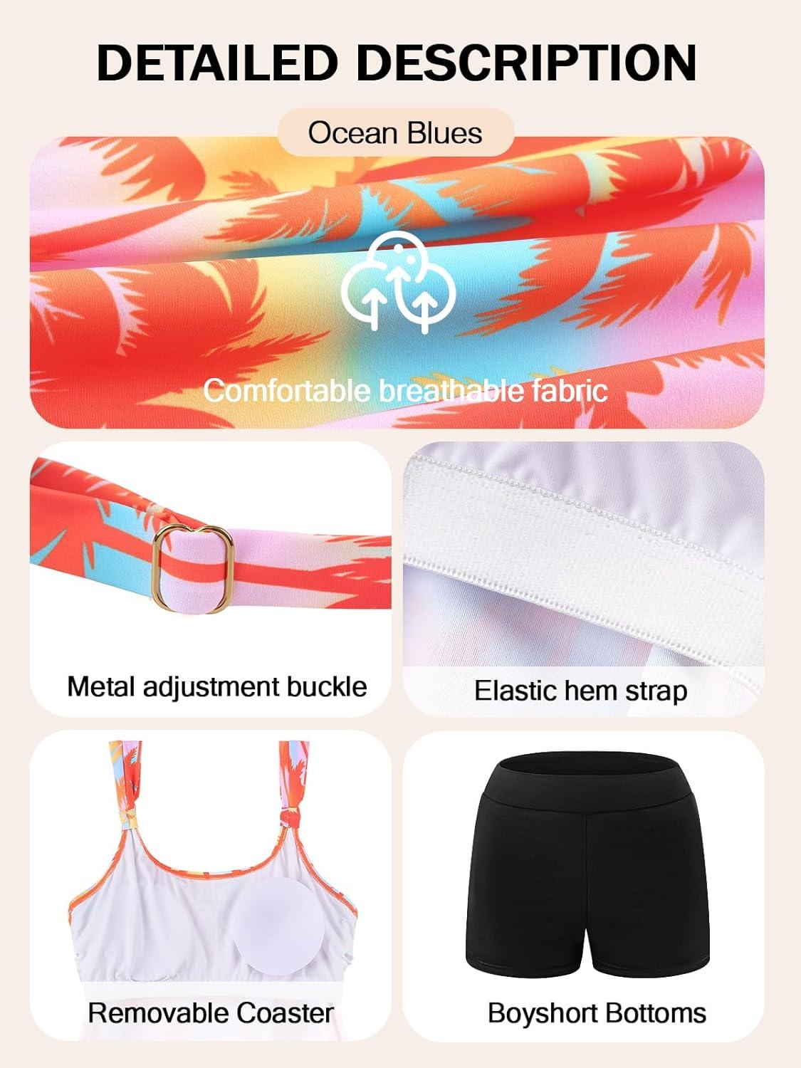 image:imageOcean Blues Womens Tankini Swimsuits Two Piece Bathing Suits Loose Fit Tank Top with BoyshortsOrange Coconut Tree