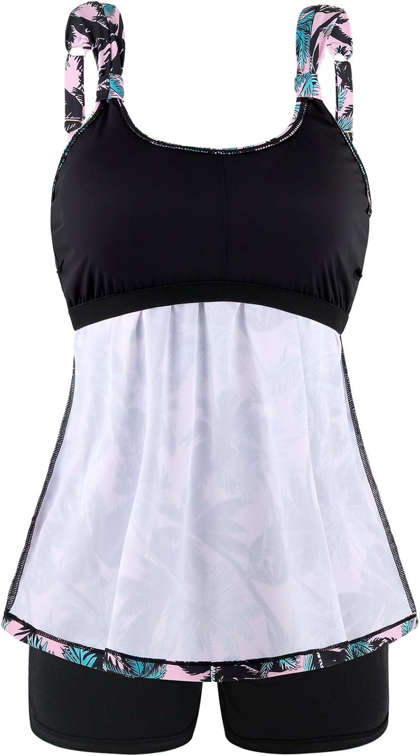 image:imageOcean Blues Womens Tankini Swimsuits Two Piece Bathing Suits Loose Fit Tank Top with BoyshortsPink Leaf Print