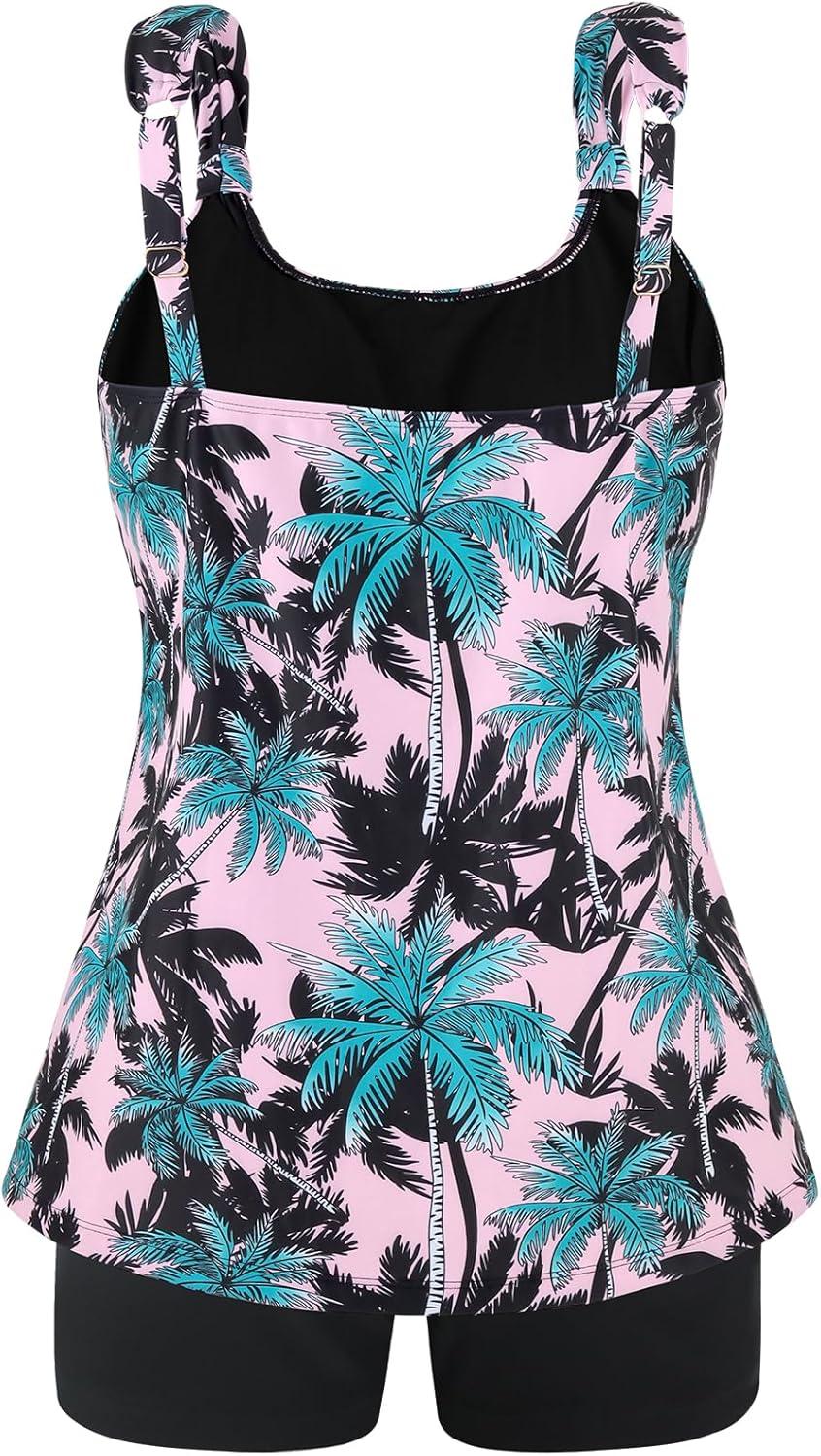 image:imageOcean Blues Womens Tankini Swimsuits Two Piece Bathing Suits Loose Fit Tank Top with BoyshortsPink Leaf Print