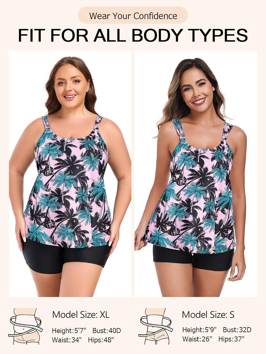 image:imageOcean Blues Womens Tankini Swimsuits Two Piece Bathing Suits Loose Fit Tank Top with BoyshortsPink Leaf Print