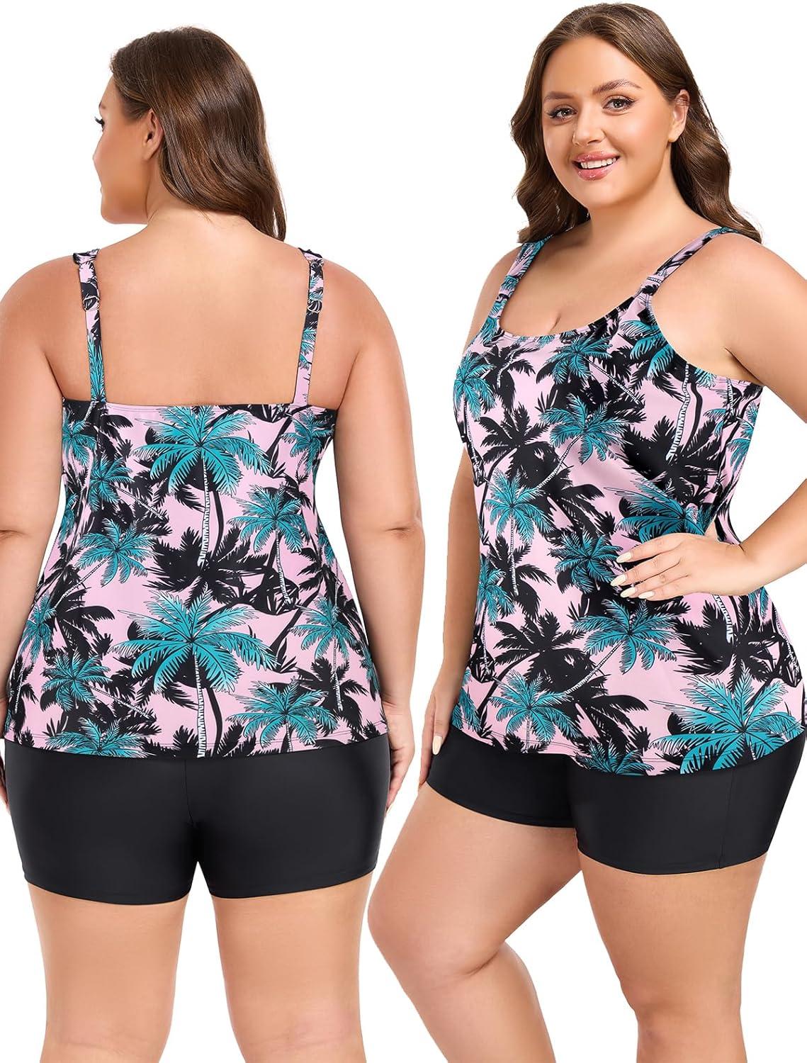 image:imageOcean Blues Womens Tankini Swimsuits Two Piece Bathing Suits Loose Fit Tank Top with BoyshortsPink Leaf Print