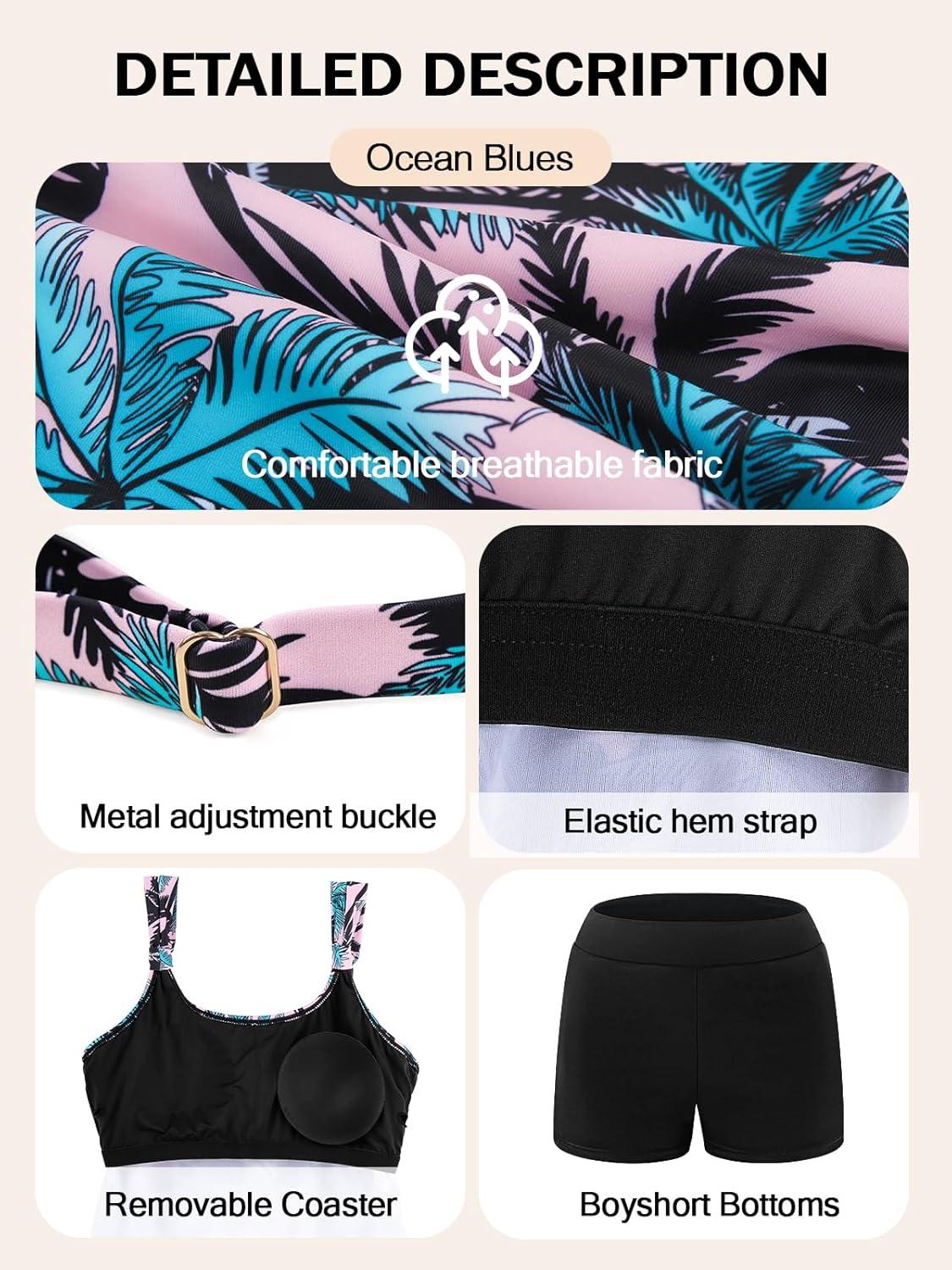 image:imageOcean Blues Womens Tankini Swimsuits Two Piece Bathing Suits Loose Fit Tank Top with BoyshortsPink Leaf Print