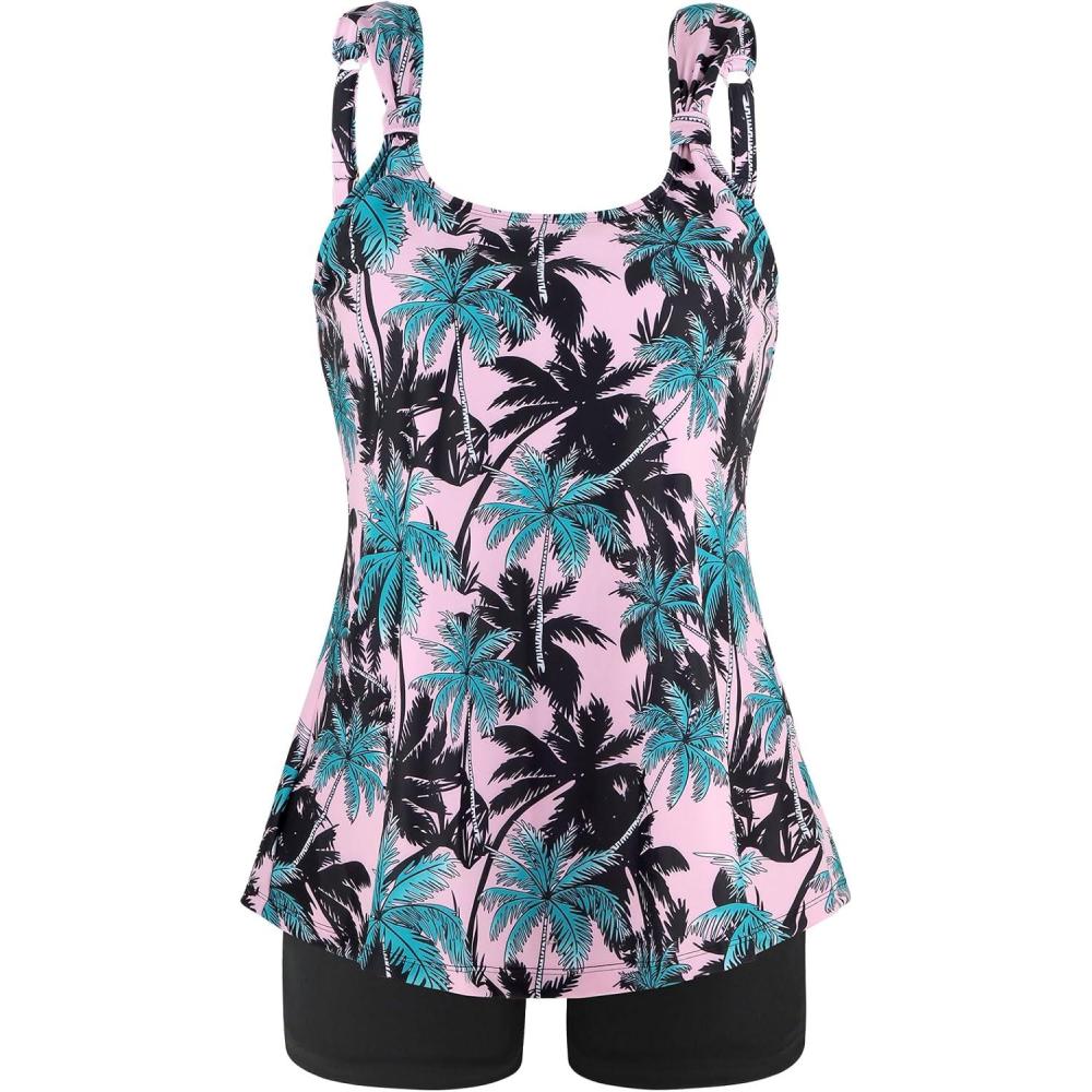 image:imageOcean Blues Womens Tankini Swimsuits Two Piece Bathing Suits Loose Fit Tank Top with BoyshortsPink Leaf Print