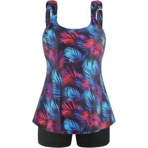 Ocean Blues Women’s Tankini Swimsuits Two Piece Bathing Suits Loose Fit Tank Top with Boyshorts(Jungle+black)