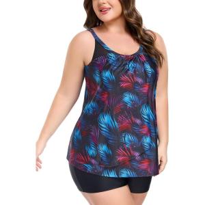 Ocean Blues Women’s High Neckline Tankini Sets Tummy Control Two Piece Bathing Suits Loose Fit Swim Tank Top with Boyshorts(Jungle and Black)