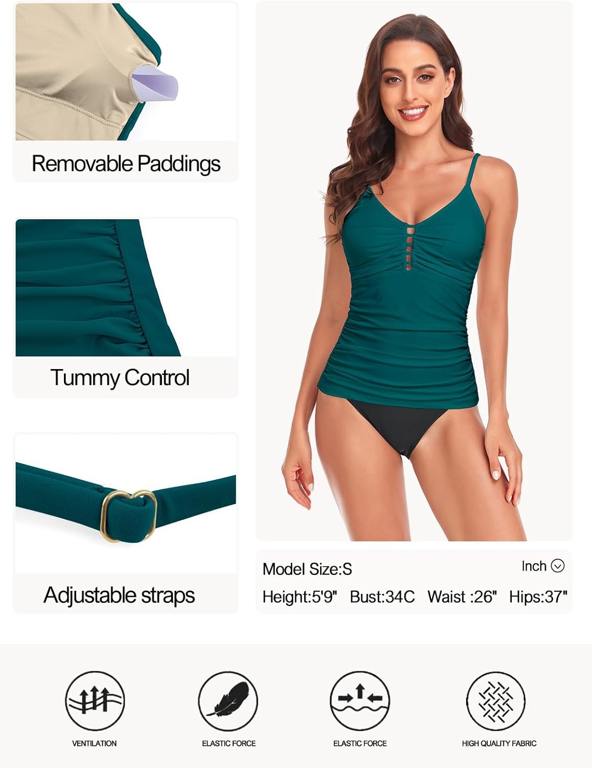 image:imageOcean Blues Womens Retro Tankini Swimsuit Shirring Tummy Control Tankini Top OnlyDark Green