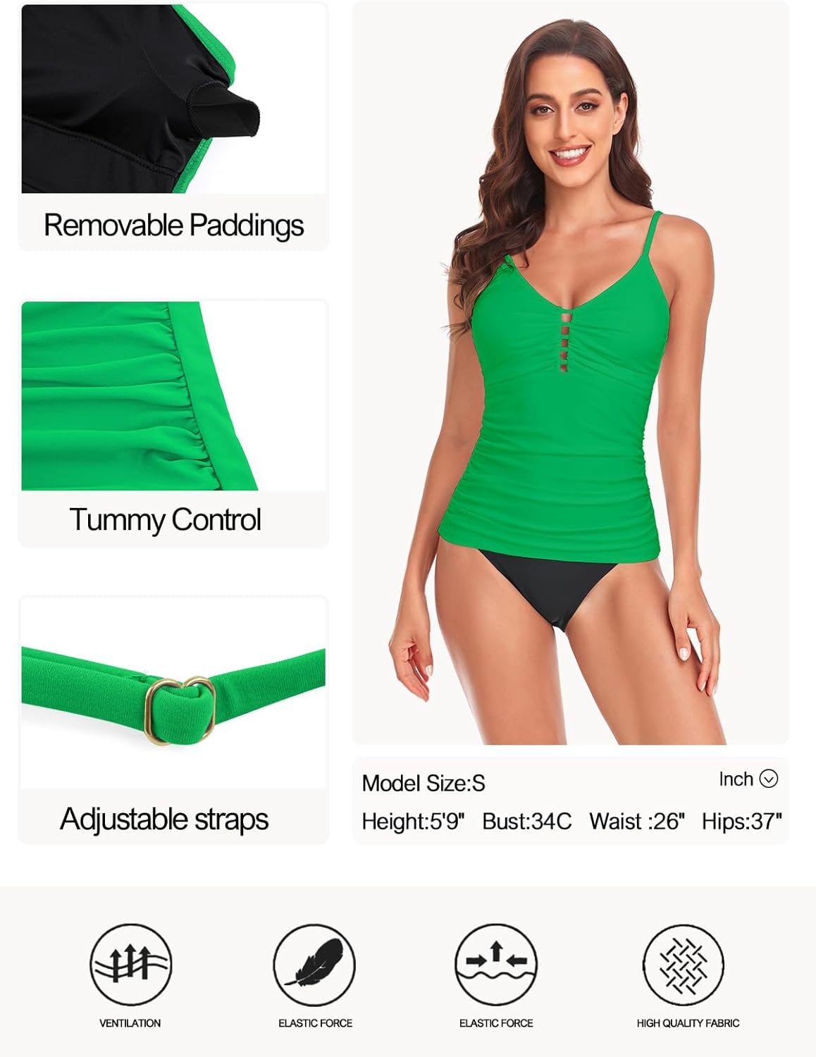 image:imageOcean Blues Womens Retro Tankini Swimsuit Shirring Tummy Control Tankini Top OnlyGreen